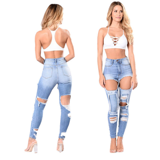 Land of Nostalgia Women's Stretch Denim Ripped Trousers Skinny Hole Jeans