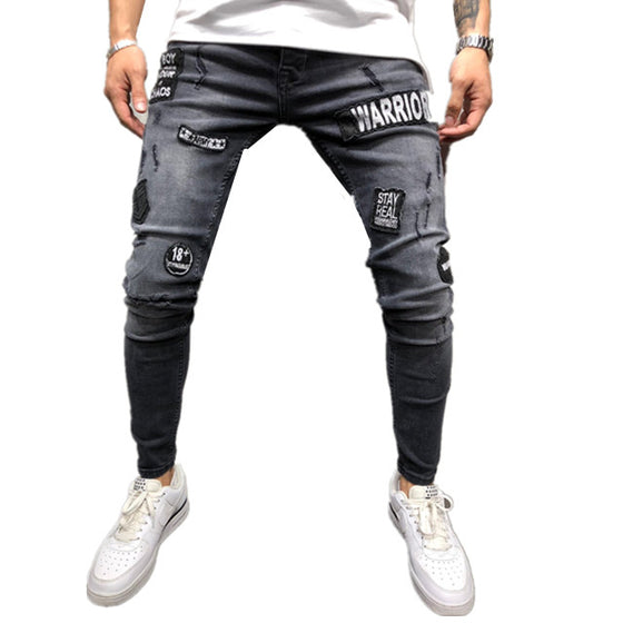 Land of Nostalgia Men's Rip Patches Jeans with Warrior Letter Design