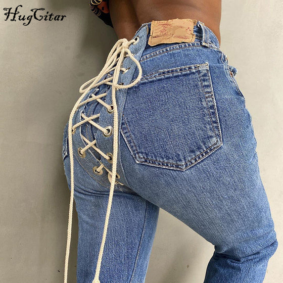 Land of Nostalgia High Waist Winter Fashion Streetwear Women's Bandage Lace Up Stretch Trousers Sexy Denim Jeans
