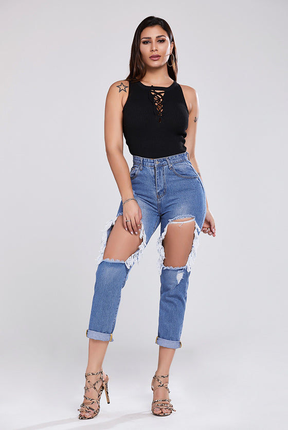Land of Nostalgia High Waist Ripped Loose Vintage Pants Women's Casual Denim Jeans
