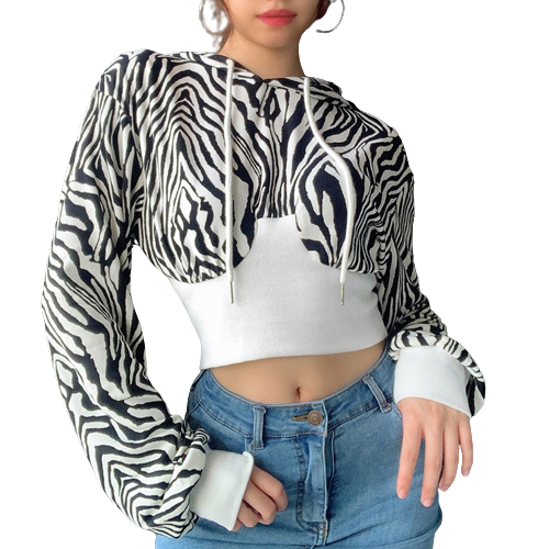 Land of Nostalgia Women's Zebra Print Crop Hoodies Top Coat
