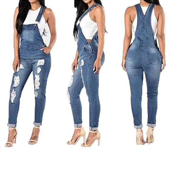 Land of Nostalgia Women's Stretch Skinny Ripped Suspender Trousers Jeans