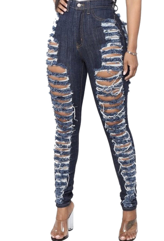 Land of Nostalgia Women's Vintage Sexy Skinny Hole Ripped Pencil Denim Jeans Pants