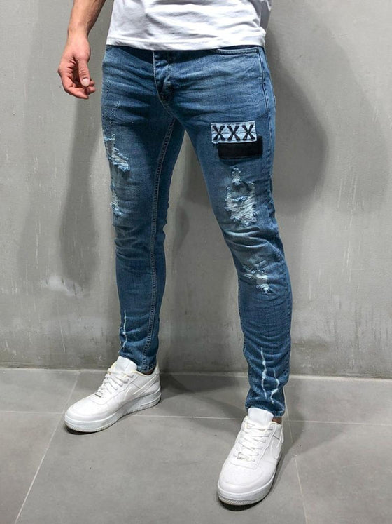Land of Nostalgia Men's Stylish Casual Skinny Denim Embroidery Patch Jeans