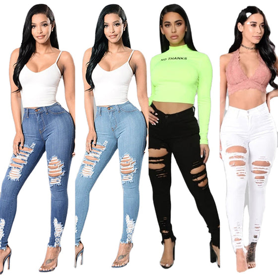 Land of Nostalgia High Waist Destroyed Knee Holes Ripped Trousers Women's Skinny Stretch Denim Jeans