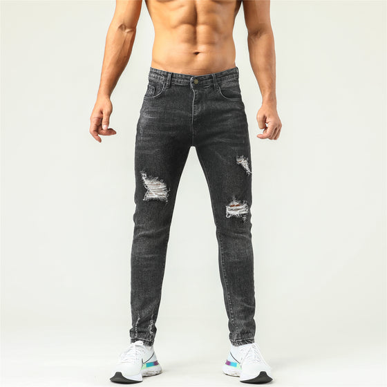 Land of Nostalgia Men's Plus Size Distressed Slim Fit Skinny Ripped Trousers Denim Pants Jeans