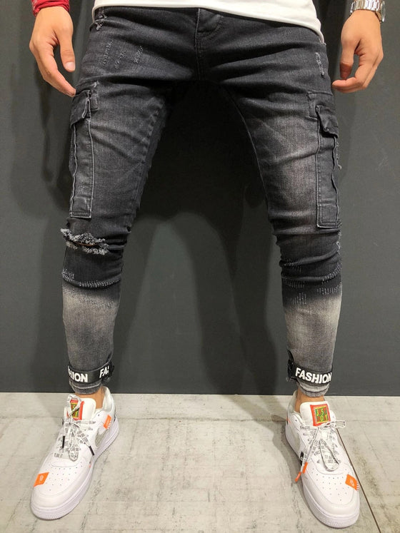 Land of Nostalgia Men's Grey Stylish Denim Ripped Skinny Jeans with Side Pocket