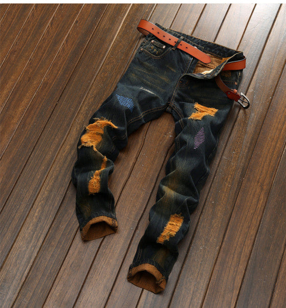 Land of Nostalgia Destroyed Men's Vintage Ripped Pants Denim Skinny Jeans (Ready to Ship)