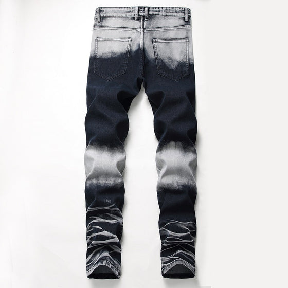 Land of Nostalgia Men's Elastic Straight Slim Trousers Ripped Jeans