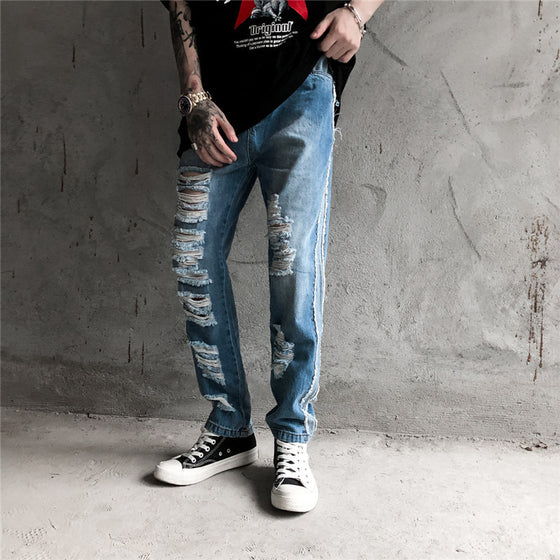 Land of Nostalgia Men's Hip Hop Destroyed Ripped Patchwork Denim Jeans