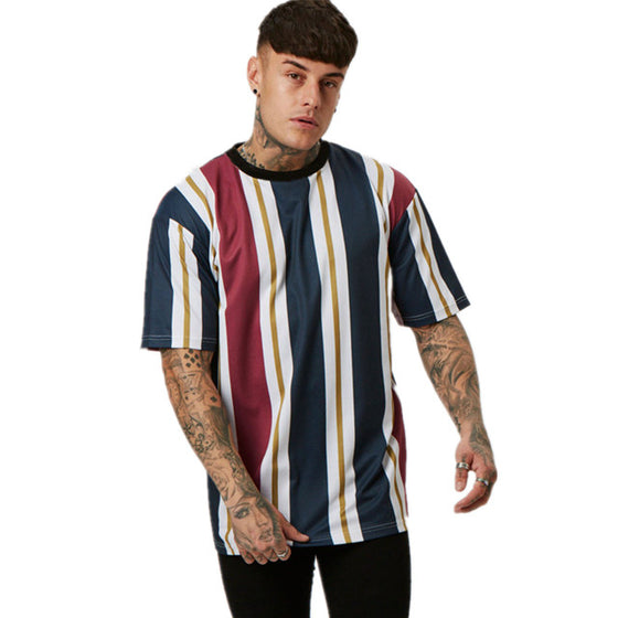 Land of Nostalgia Plain Casual Striped Round Neck Men's Cotton Tee