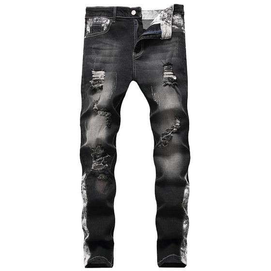 Land of Nostalgia Distressed Hip Hop  Men's Ripped Street Jeans Style