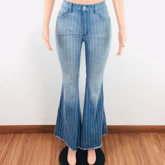 Land of Nostalgia High Waist Women's Long Flared Pants Stripe Washed Jeans