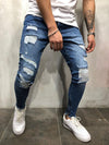 Land of Nostalgia Men’s Distressed Skinny Jeans with White Side Stripes and Zippered Ankles (Ready to Ship)