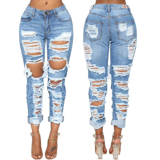 Land of Nostalgia High Waist Women's Sexy Ripped Pants Skinny Hole Jeans