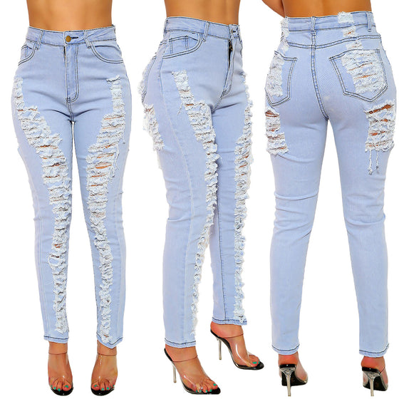 Land of Nostalgia High Waist Destroyed Stretch Hole Pencil Pants Women's Skinny Ripped Denim Jeans