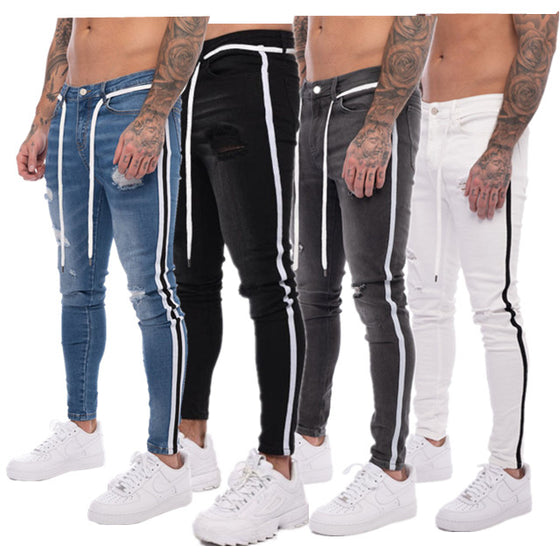 Land of Nostalgia Men's Denim Trousers Skinny Ripped Jeans with Side Stripe