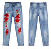 Land of Nostalgia Elastic 3D Embroidery Floral Trousers Ripped Pants Women's Denim Jeans