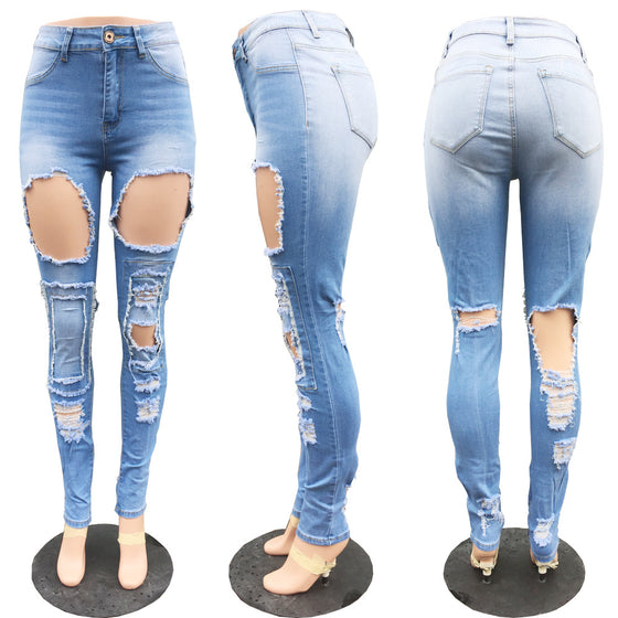 Land of Nostalgia Women's Stretch Denim Ripped Trousers Skinny Hole Jeans