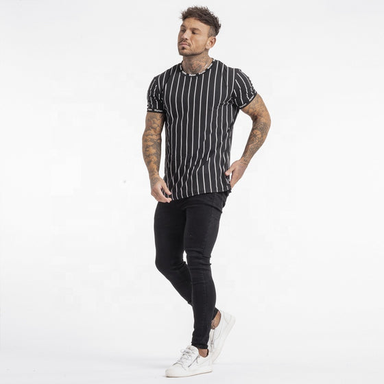 Land of Nostalgia Men's Round Neck Summer Pinstripe Fine Cotton T-Shirt