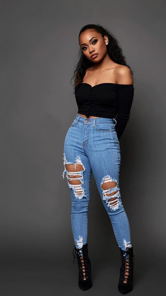Land of Nostalgia Stretch Ripped Trousers Women's Sexy Pencil Pants Jeans