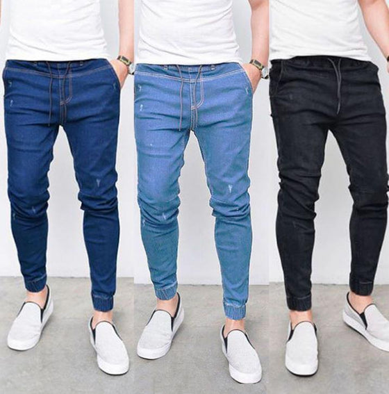 Land of Nostalgia Men's Casual Drawstring Stretch Skinny Ripped Jeans