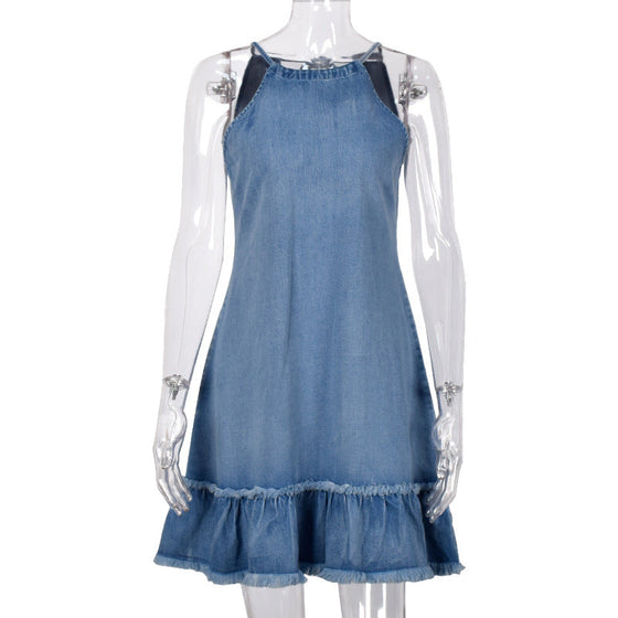 Land of Nostalgia Women's Halter Ruffles Denim Mini Dress (Ready to Ship)