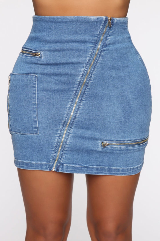 Land of Nostalgia Women's Casual Front Zipper Stretch Hip Denim Jeans Dress Sexy Mini Short Skirt