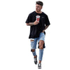Land of Nostalgia Men's Denim Jeans With Hole Loose Ripped Destroy Trousers