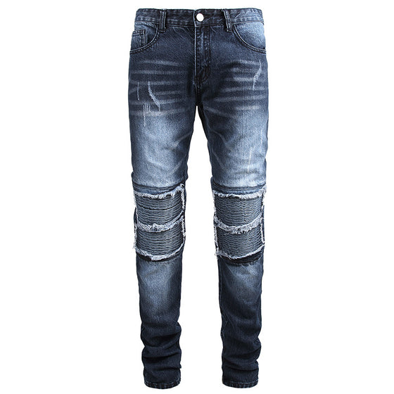 Land of Nostalgia Straight Hip Hop Biker Pleated Jeans Men's Streetwear Zipper Denim Pants