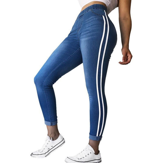 Land of Nostalgia Women's Elastic Waistband Casual Stretch Denim Jeans with Side Stripe