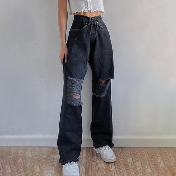 Land of Nostalgia Streetwear Casual Straight Pants Women's Denim Ripped Loose Jeans