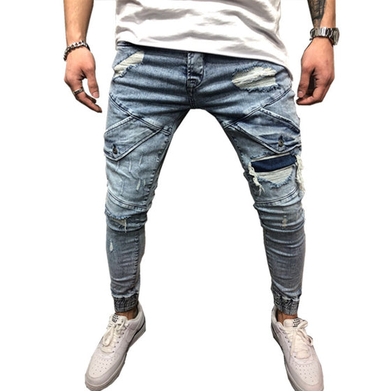 Land of Nostalgia Hip Hop Trousers Designer Ripped Hole Patch Denim Skinny Men Jeans