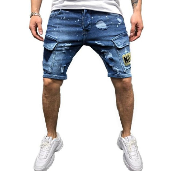 Land of Nostalgia Men's Skinny Straight Patch Pants Blue Jeans Shorts