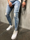 Land of Nostalgia Men’s Distressed Skinny Jeans with White Side Stripes and Zippered Ankles (Ready to Ship)