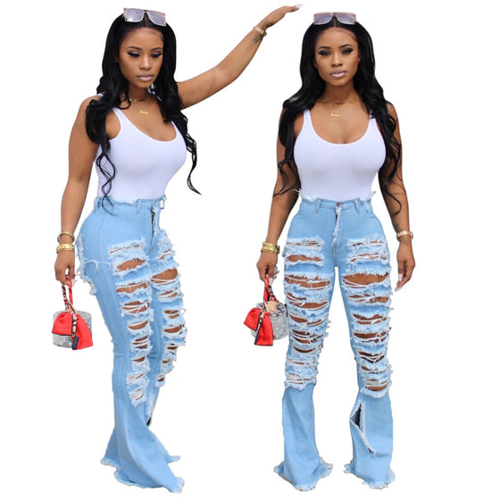 Land of Nostalgia High Waist Flare Bell Bottom Women's Ripped Jeans