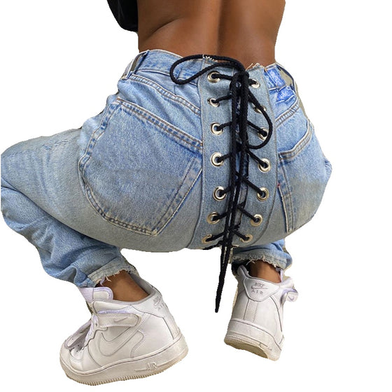 Land of Nostalgia High Waist Winter Fashion Streetwear Women's Bandage Lace Up Stretch Trousers Sexy Denim Jeans