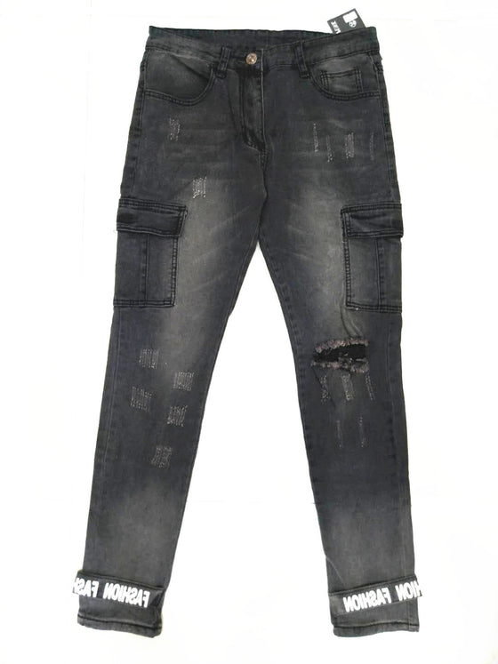 Land of Nostalgia Men's Grey Stylish Denim Ripped Skinny Jeans with Side Pocket
