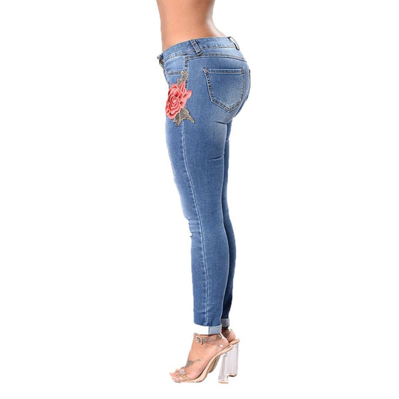 Land of Nostalgia Women's Slim Ripped Trousers Skinny Pencil Pants Embroidery Flower Jeans