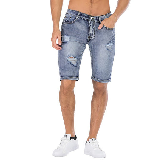 Land of Nostalgia Casual Straight Ripped Denim Fabric Jeans Pants Men's Jeans Shorts