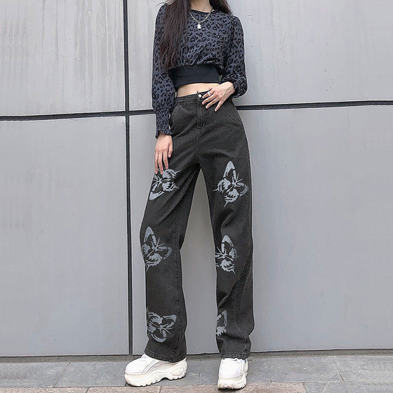 Land of Nostalgia Women's Fashion Loose Casual Straight Pants with Butterfly Print Jeans