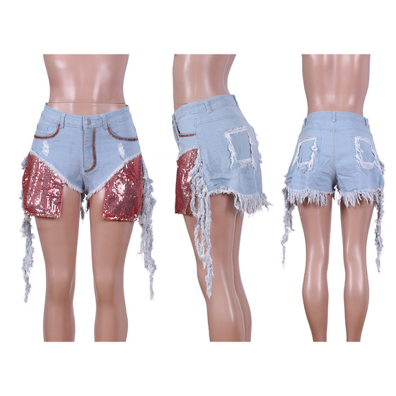 Land of Nostalgia Stock Sequins Sexy Women's Ripped Denim Jeans Shorts