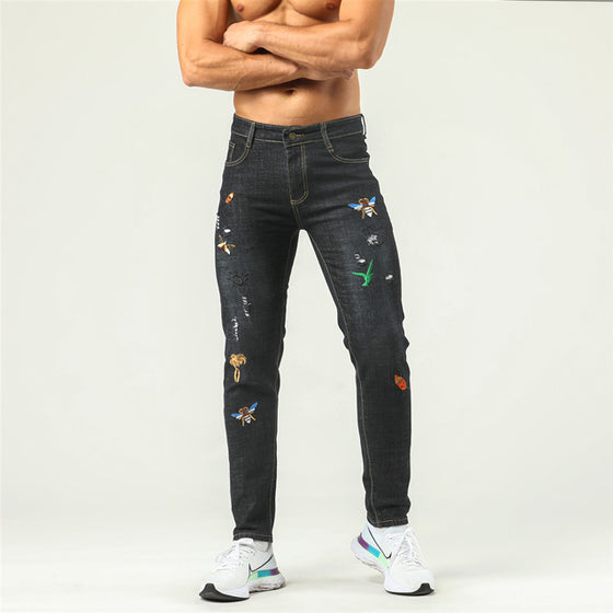 Land of Nostalgia Men's Long Pants Embroidery Pattern Jeans