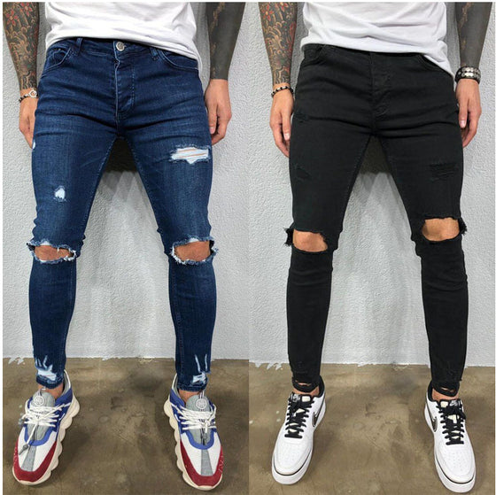 Land of Nostalgia Black Skinny Stretch Distressed Ripped Jeans For Men Denim Pants Slim Fit Trousers