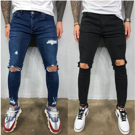 Land of Nostalgia Black Skinny Stretch Distressed Ripped Jeans For Men Denim Pants Slim Fit Trousers (Ready to Ship)