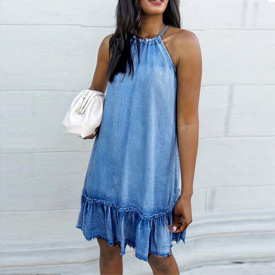 Land of Nostalgia Women's Halter Ruffles Denim Mini Dress (Ready to Ship)