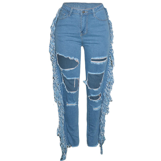 Land of Nostalgia Women's Tassel Ripped Trousers Pants Jeans