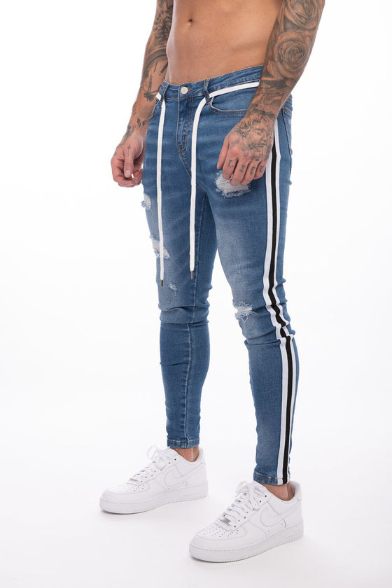 Land of Nostalgia Men's Denim Trousers Skinny Ripped Jeans with Side Stripe