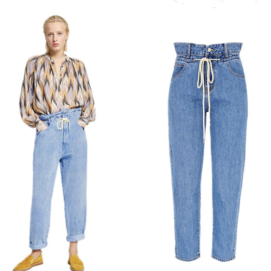 Land of Nostalgia High Waist Loose Trousers Pants Women's Drawstring Denim Jeans