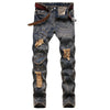 Land of Nostalgia Men's Embroidered Hole Patch Straight Ripped Trousers Jeans (Ready to Ship)